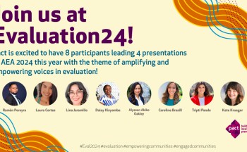 A graphic that says, "Join us at Evaluation24!" and includes 8 headshots of Pact staff participating in the conference. Credit: Adam Fritz/Pact.