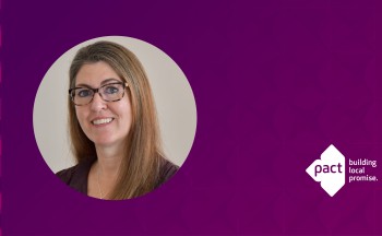 Headshot of Emily Taylor, Pact's COO, on an aubergine background with the Pact logo in white.