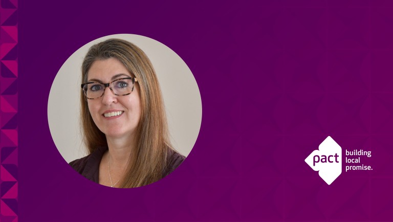Headshot of Emily Taylor, Pact's COO, on an aubergine background with the Pact logo in white.