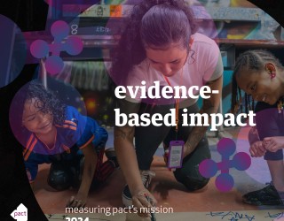 Cover of the Measuring Pact's Mission 2024 report entitled "Evidence-based Impact", which includes an image of young people kneeling on the floor drawing on a large piece of paper.