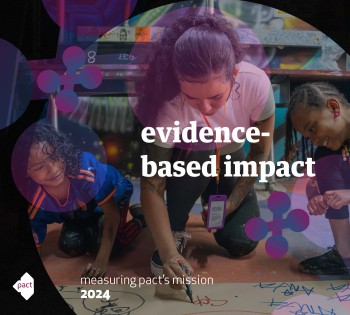 Cover of the Measuring Pact's Mission 2024 report entitled "Evidence-based Impact", which includes an image of young people kneeling on the floor drawing on a large piece of paper.