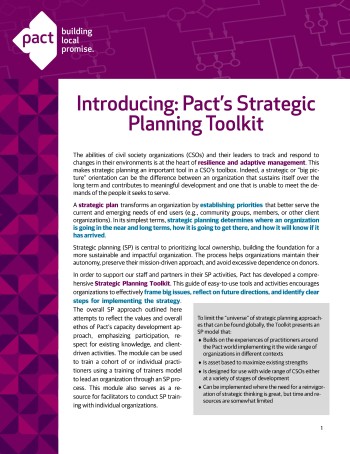 A screenshot of the first page of a fact sheet called "Introducing Pact's Strategic Planning Toolkit".