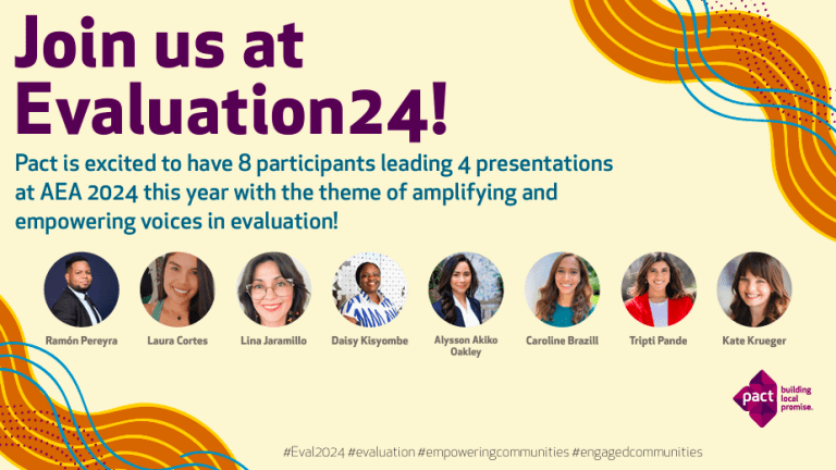 A graphic that says, "Join us at Evaluation24!" and includes 8 headshots of Pact staff participating in the conference. Credit: Adam Fritz/Pact.